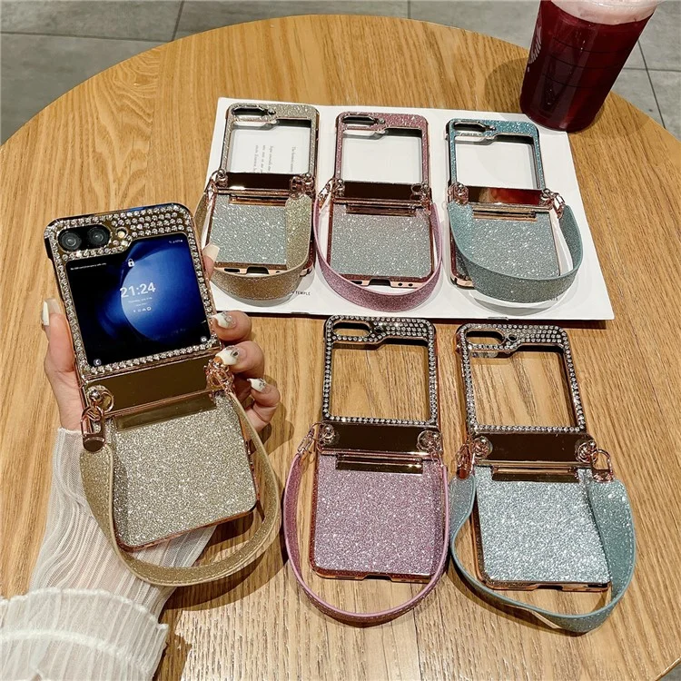 For Samsung Galaxy Z Flip7 FE 5G / Z Flip6 5G / Z Flip5 5 Case Hinge Protection Hard PC Glitter Phone Cover with Wrist Strap - Gold / Rhinestone Decor