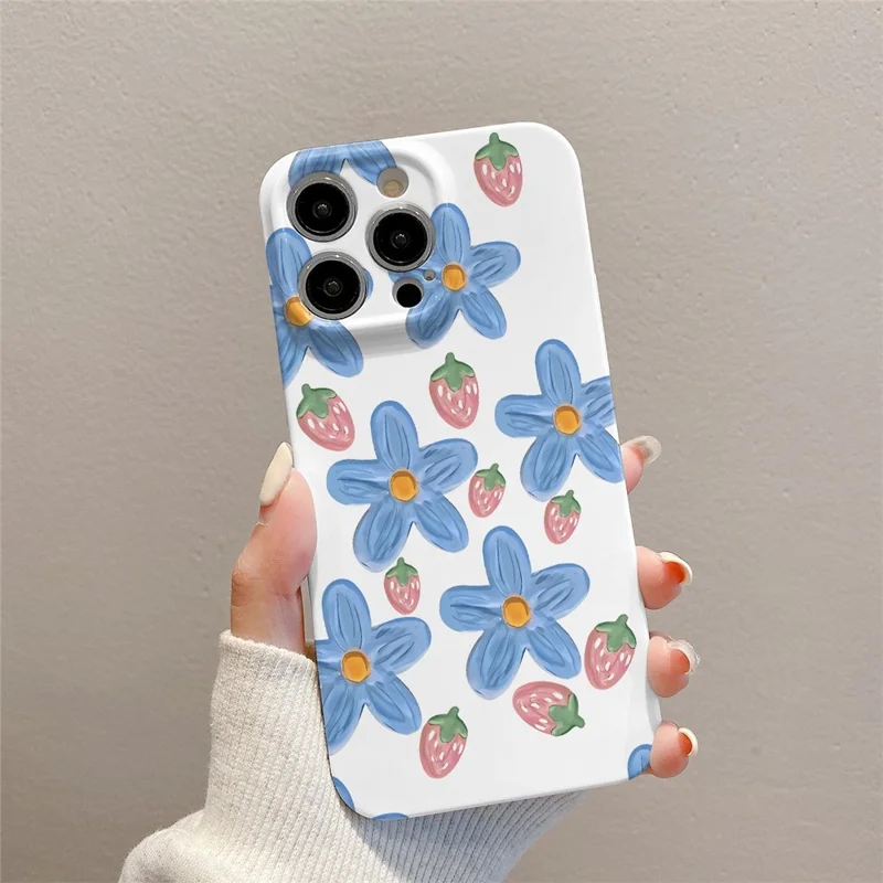 For iPhone 15 Pro Max Phone Cover Hard PC Phone Shell Blue Flowers Oil Painting