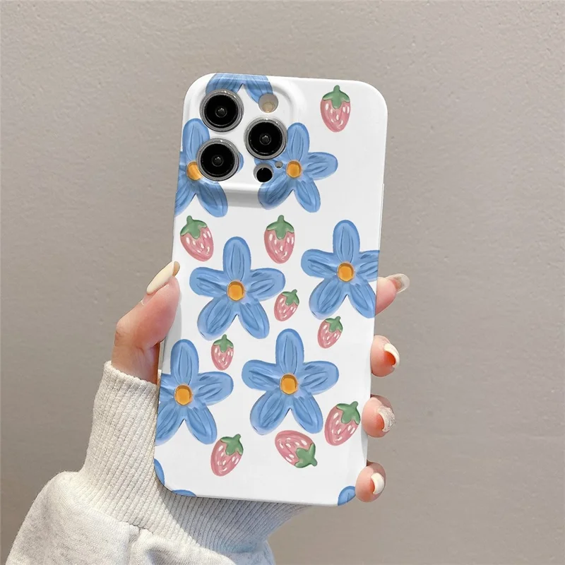 For iPhone 15 Pro Max Phone Cover Hard PC Phone Shell Blue Flowers Oil Painting