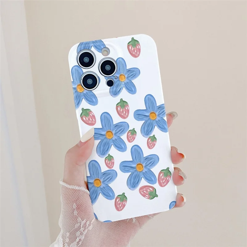 For iPhone 15 Pro Max Phone Cover Hard PC Phone Shell Blue Flowers Oil Painting