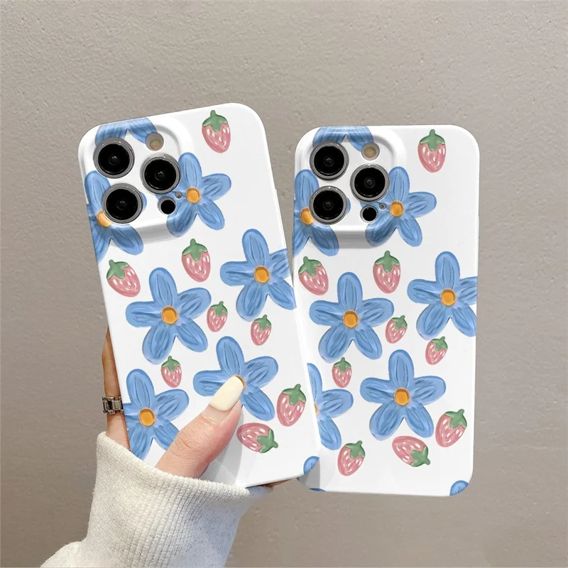 For iPhone 15 Pro Max Phone Cover Hard PC Phone Shell Blue Flowers Oil Painting