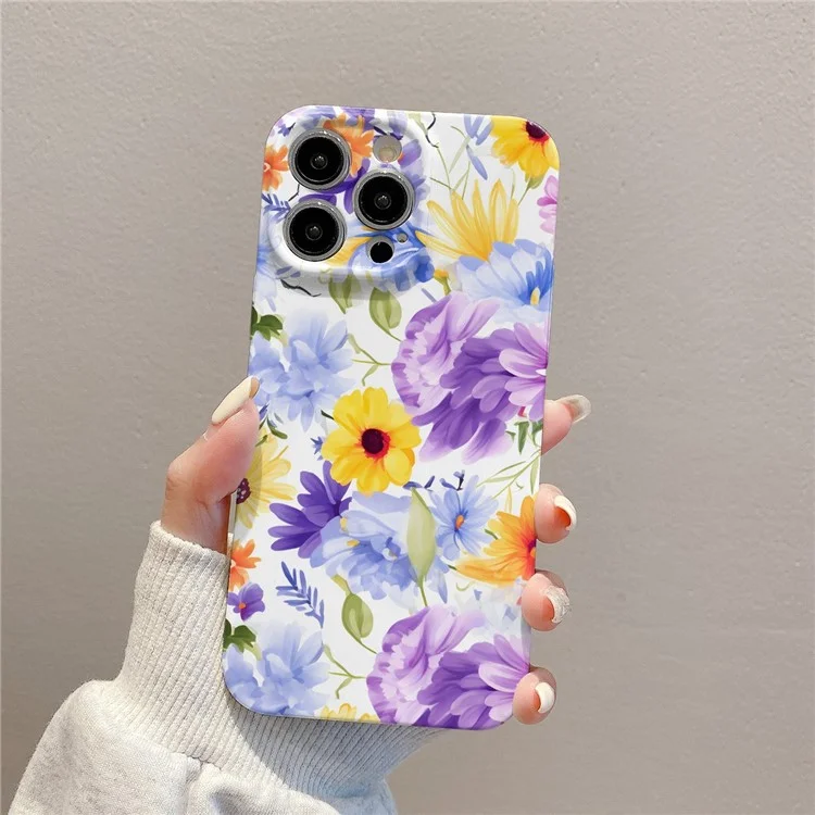 Für iPhone 15 Pro Max Farbige Blumenmuster Harte PC Rückseite Handyhülle - Lila Blume