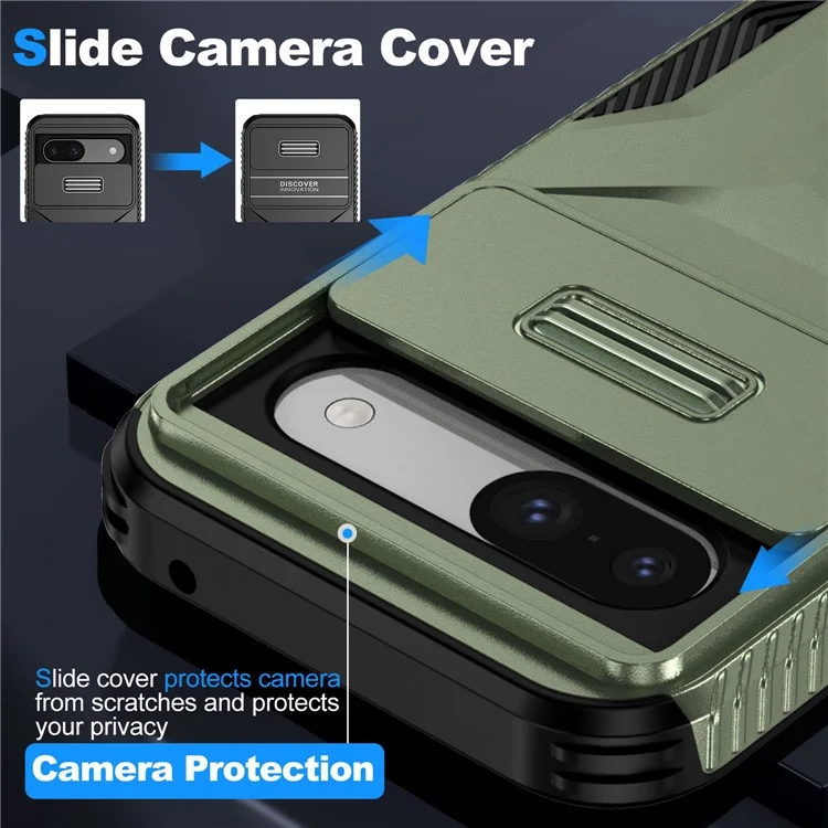 For Google Pixel 8a Case TPU+PC Phone Cover with Slide Lens Lid - Green