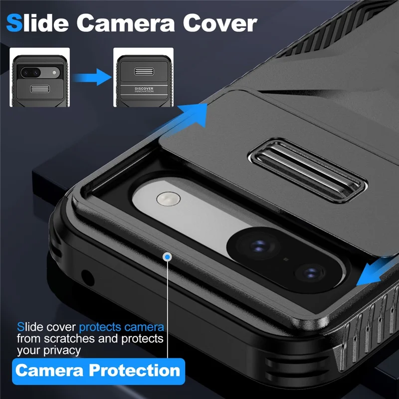 For Google Pixel 8a Case TPU+PC Phone Cover with Slide Lens Lid - Black