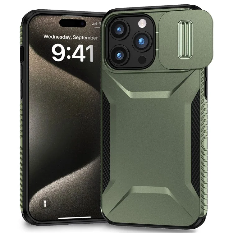 For iPhone 15 Pro Case TPU+PC Anti-Slip Phone Cover Slide Lens Drop Protection - Green