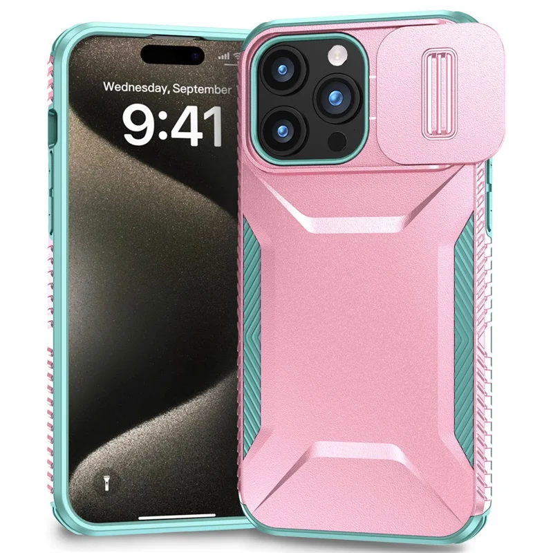 For iPhone 15 Pro Case TPU+PC Anti-Slip Phone Cover Slide Lens Drop Protection - Pink / Grey Green