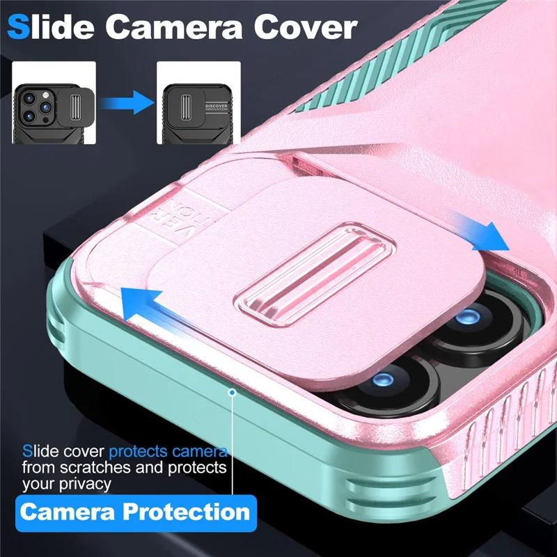 For iPhone 15 Pro Case TPU+PC Anti-Slip Phone Cover Slide Lens Drop Protection - Pink / Grey Green