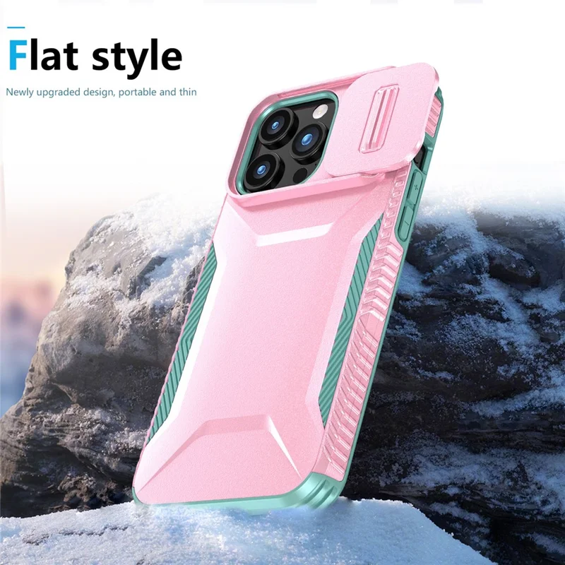 For iPhone 15 Pro Case TPU+PC Anti-Slip Phone Cover Slide Lens Drop Protection - Pink / Grey Green