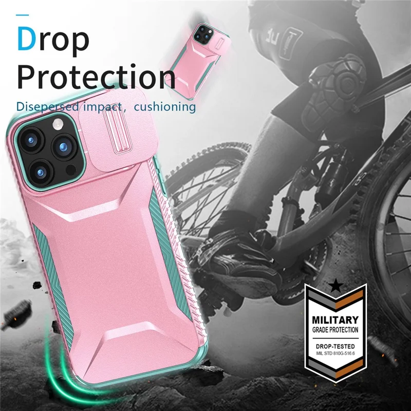 For iPhone 15 Pro Case TPU+PC Anti-Slip Phone Cover Slide Lens Drop Protection - Pink / Grey Green