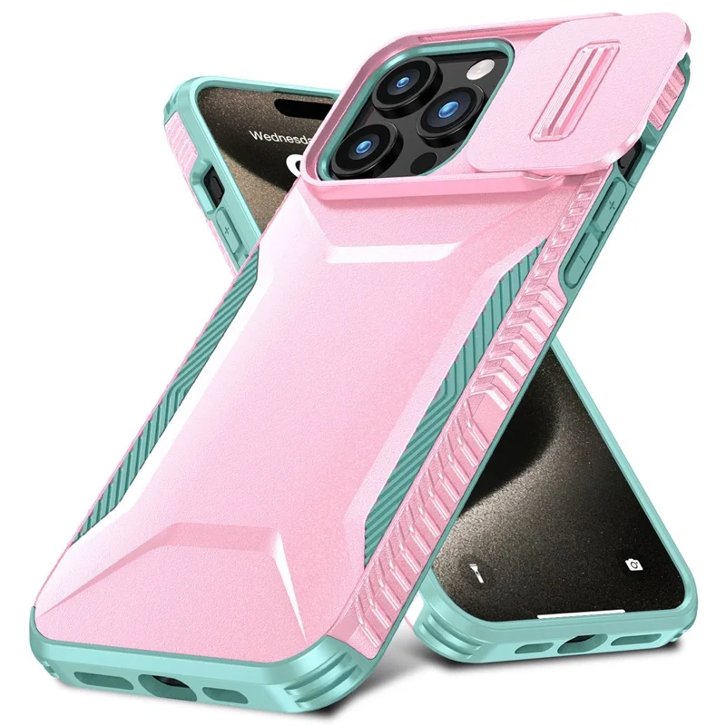 For iPhone 15 Pro Case TPU+PC Anti-Slip Phone Cover Slide Lens Drop Protection - Pink / Grey Green