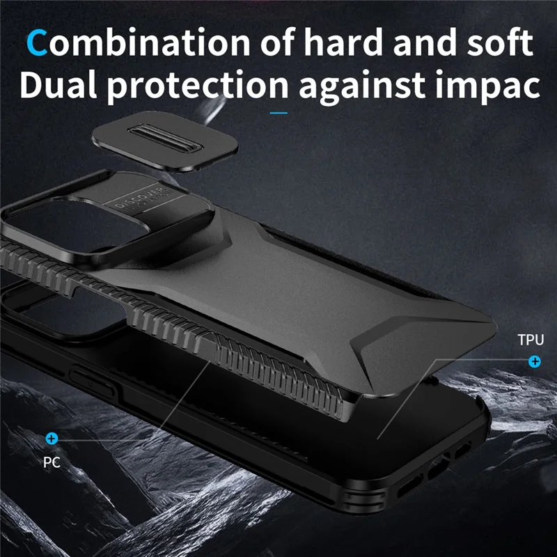 For iPhone 15 Pro Case TPU+PC Anti-Slip Phone Cover Slide Lens Drop Protection - Black