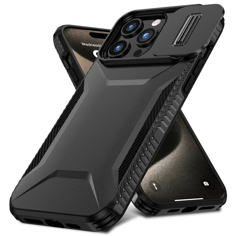 For iPhone 15 Pro Case TPU+PC Anti-Slip Phone Cover Slide Lens Drop Protection - Black