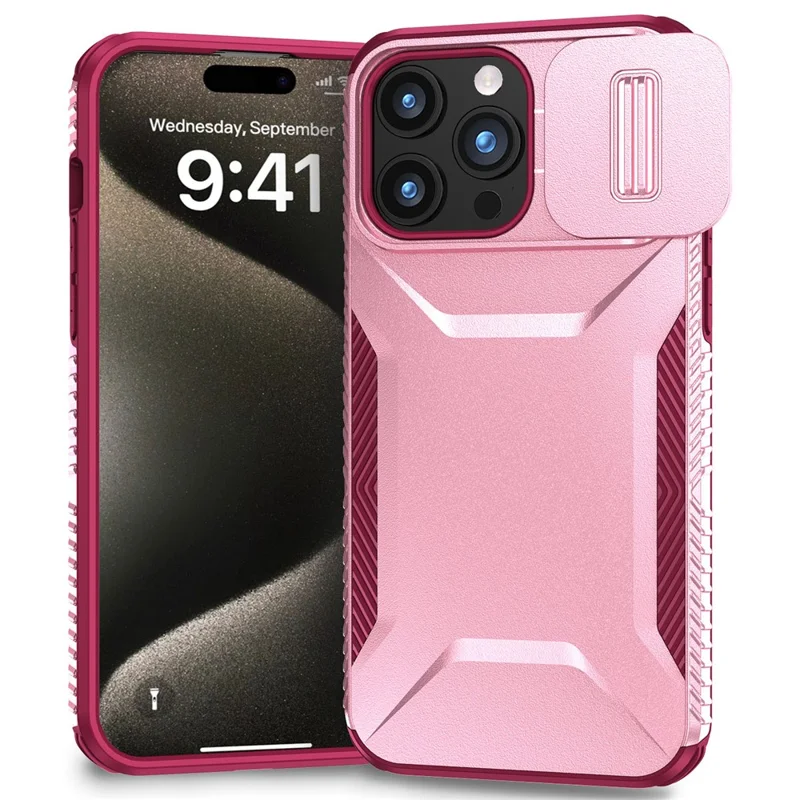 For iPhone 15 Pro Case TPU+PC Anti-Slip Phone Cover Slide Lens Drop Protection - Pink / Wine Red