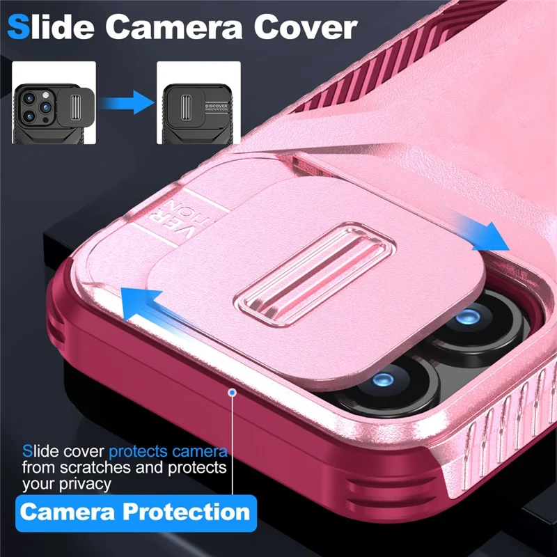 For iPhone 15 Pro Case TPU+PC Anti-Slip Phone Cover Slide Lens Drop Protection - Pink / Wine Red