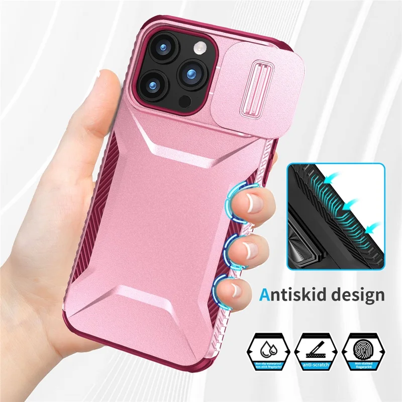 For iPhone 15 Pro Case TPU+PC Anti-Slip Phone Cover Slide Lens Drop Protection - Pink / Wine Red