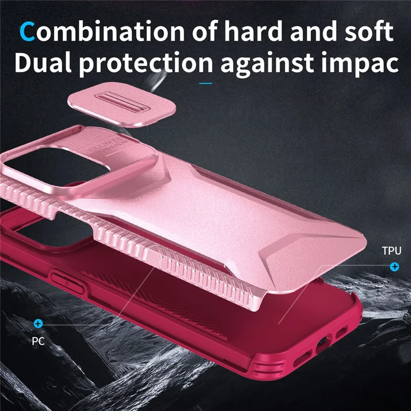 For iPhone 15 Pro Case TPU+PC Anti-Slip Phone Cover Slide Lens Drop Protection - Pink / Wine Red