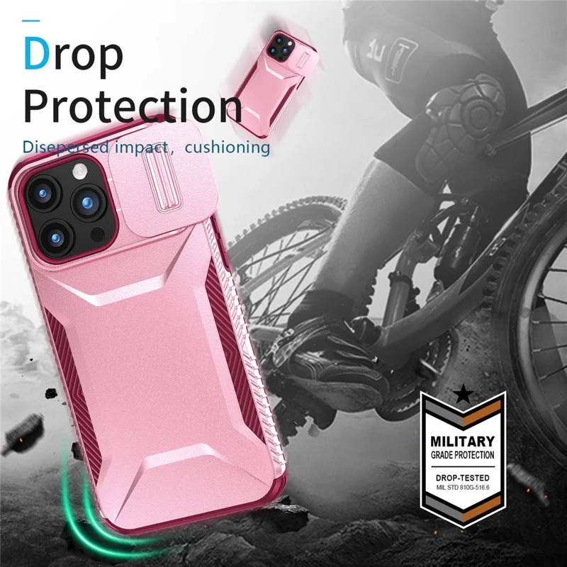 For iPhone 15 Pro Case TPU+PC Anti-Slip Phone Cover Slide Lens Drop Protection - Pink / Wine Red