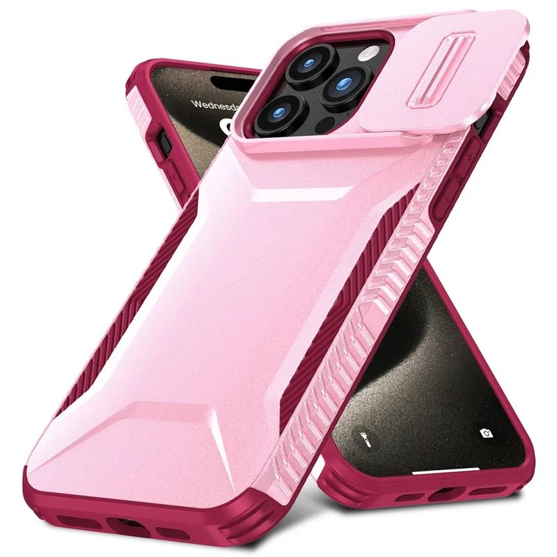 For iPhone 15 Pro Case TPU+PC Anti-Slip Phone Cover Slide Lens Drop Protection - Pink / Wine Red