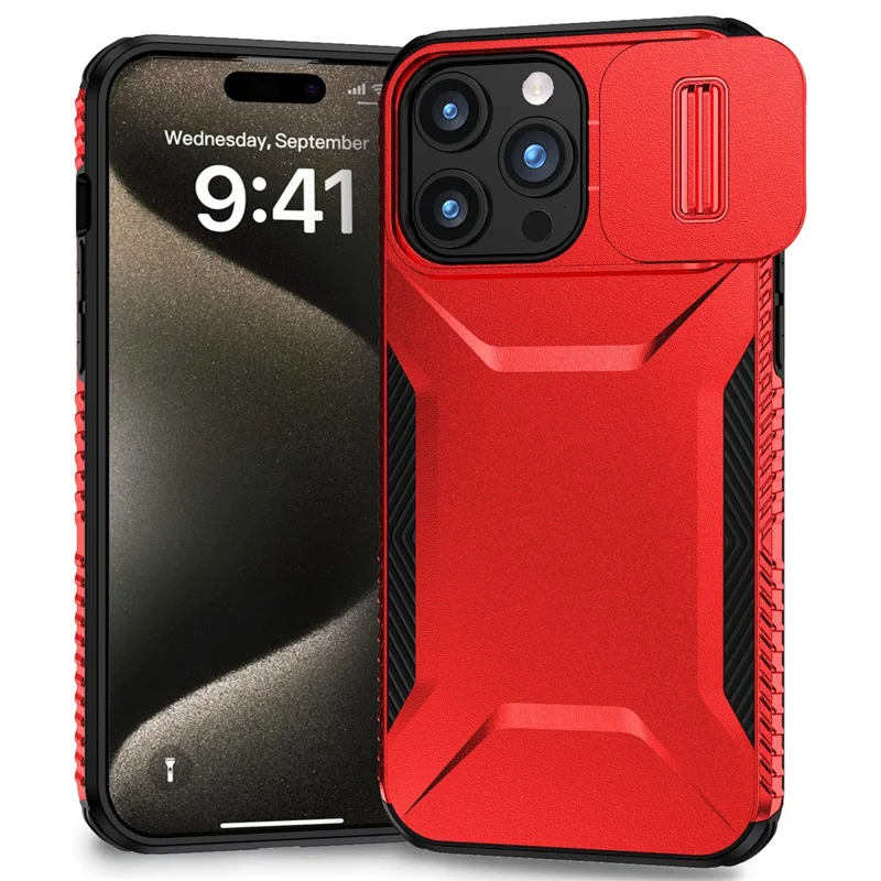 For iPhone 15 Pro Case TPU+PC Anti-Slip Phone Cover Slide Lens Drop Protection - Red