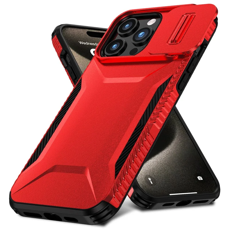 For iPhone 15 Pro Case TPU+PC Anti-Slip Phone Cover Slide Lens Drop Protection - Red