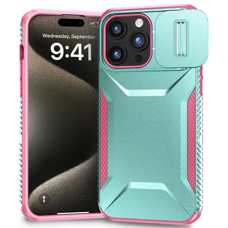 For iPhone 15 Pro Case TPU+PC Anti-Slip Phone Cover Slide Lens Drop Protection - Grey Green / Pink