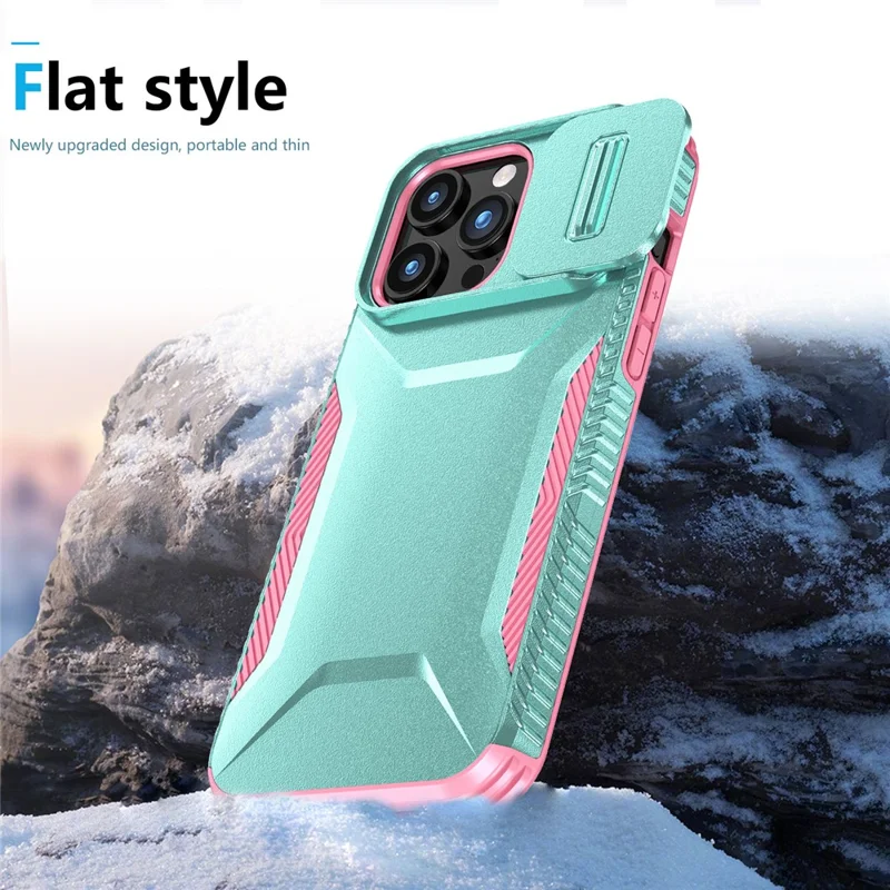 For iPhone 15 Pro Case TPU+PC Anti-Slip Phone Cover Slide Lens Drop Protection - Grey Green / Pink