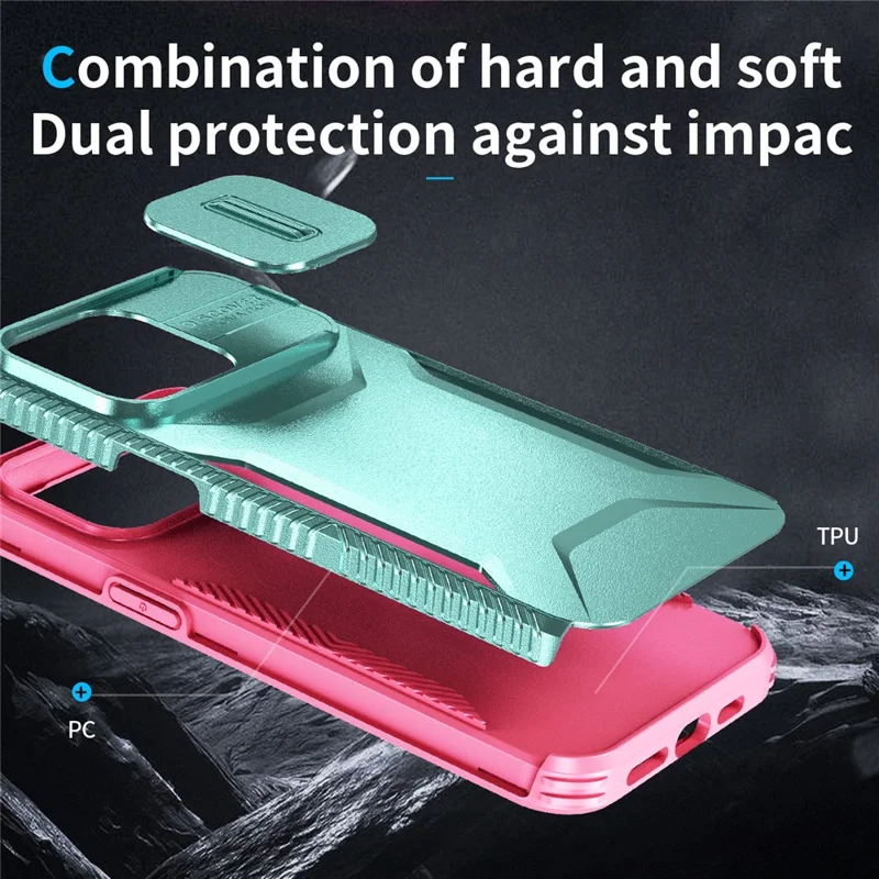For iPhone 15 Pro Case TPU+PC Anti-Slip Phone Cover Slide Lens Drop Protection - Grey Green / Pink