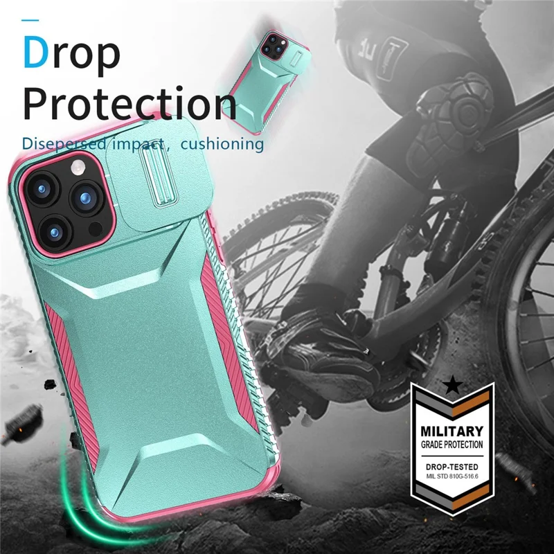 For iPhone 15 Pro Case TPU+PC Anti-Slip Phone Cover Slide Lens Drop Protection - Grey Green / Pink