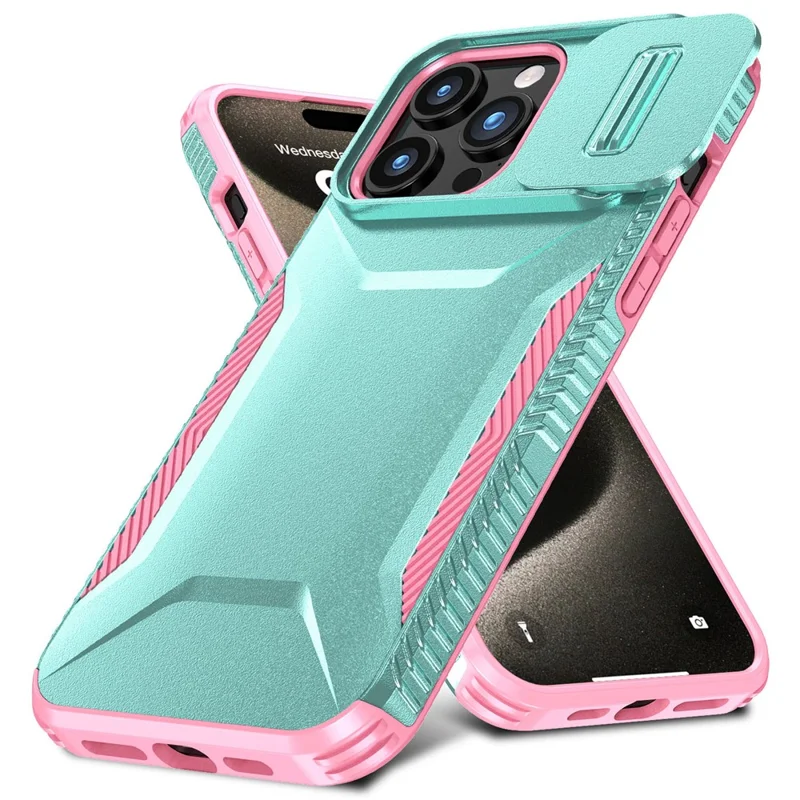 For iPhone 15 Pro Case TPU+PC Anti-Slip Phone Cover Slide Lens Drop Protection - Grey Green / Pink