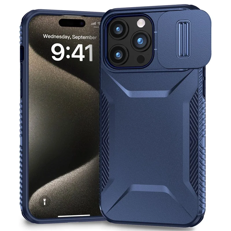 For iPhone 15 Pro Case TPU+PC Anti-Slip Phone Cover Slide Lens Drop Protection - Blue