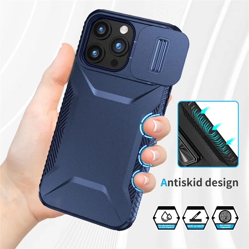 For iPhone 15 Pro Case TPU+PC Anti-Slip Phone Cover Slide Lens Drop Protection - Blue