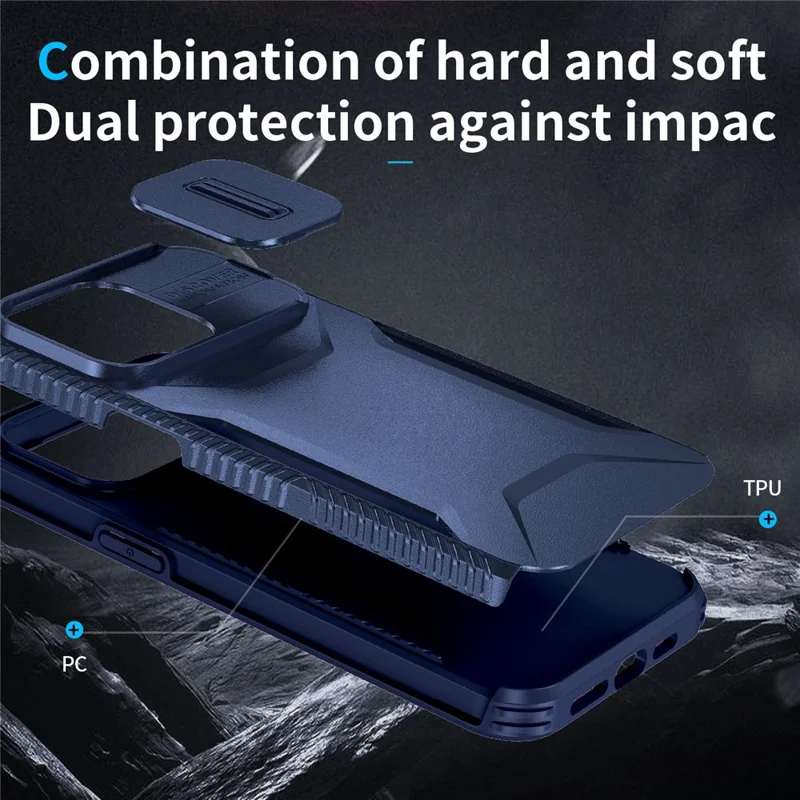 For iPhone 15 Pro Case TPU+PC Anti-Slip Phone Cover Slide Lens Drop Protection - Blue