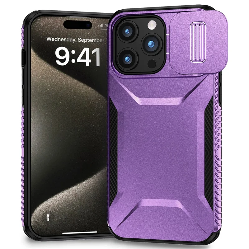For iPhone 15 Pro Case TPU+PC Anti-Slip Phone Cover Slide Lens Drop Protection - Purple