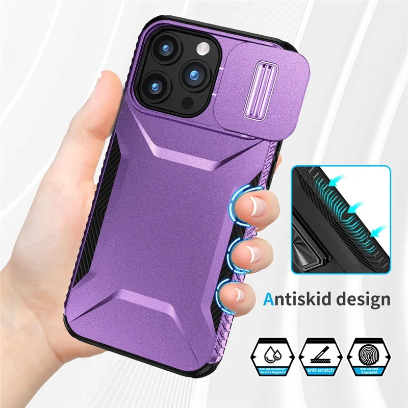 For iPhone 15 Pro Case TPU+PC Anti-Slip Phone Cover Slide Lens Drop Protection - Purple