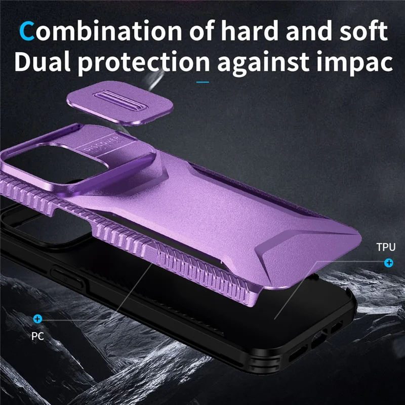 For iPhone 15 Pro Case TPU+PC Anti-Slip Phone Cover Slide Lens Drop Protection - Purple
