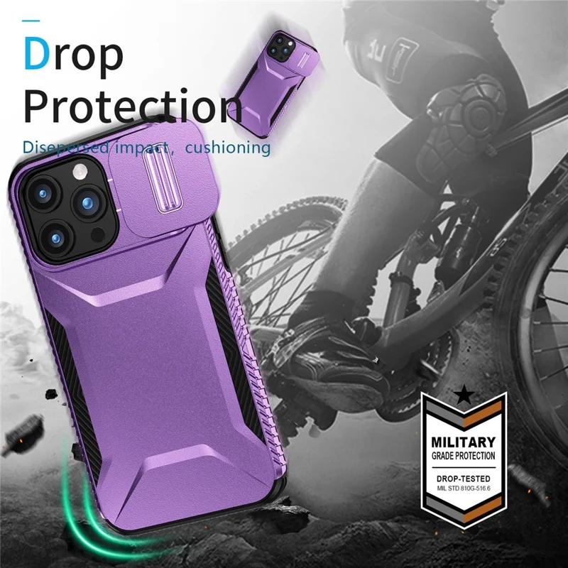 For iPhone 15 Pro Case TPU+PC Anti-Slip Phone Cover Slide Lens Drop Protection - Purple