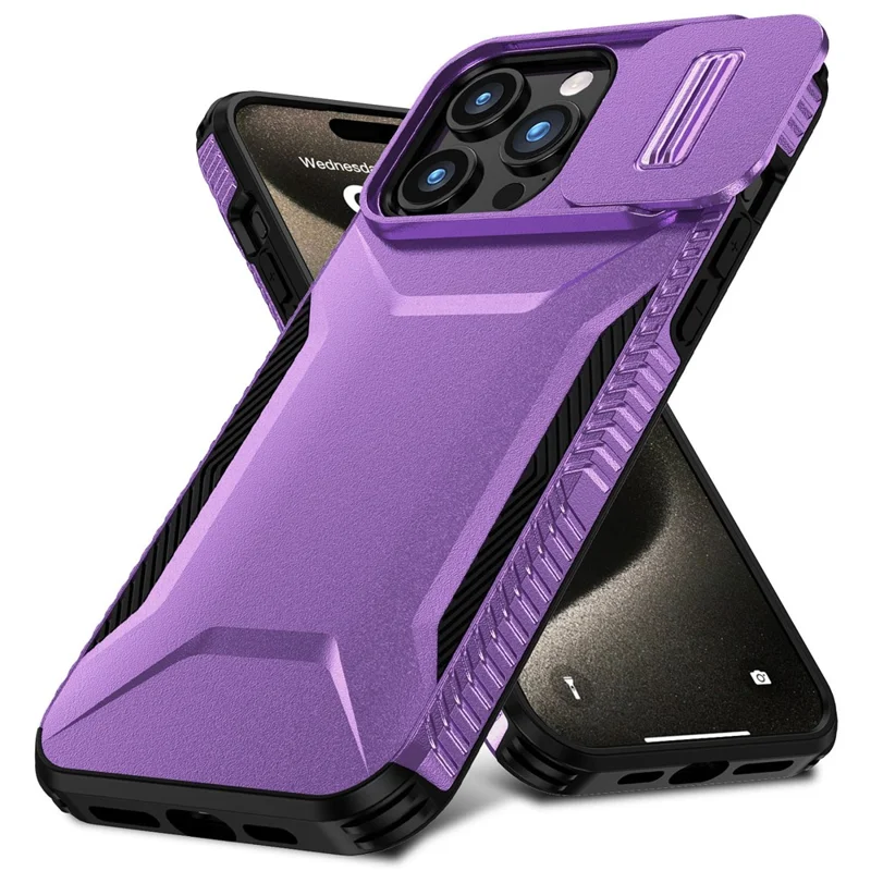 For iPhone 15 Pro Case TPU+PC Anti-Slip Phone Cover Slide Lens Drop Protection - Purple