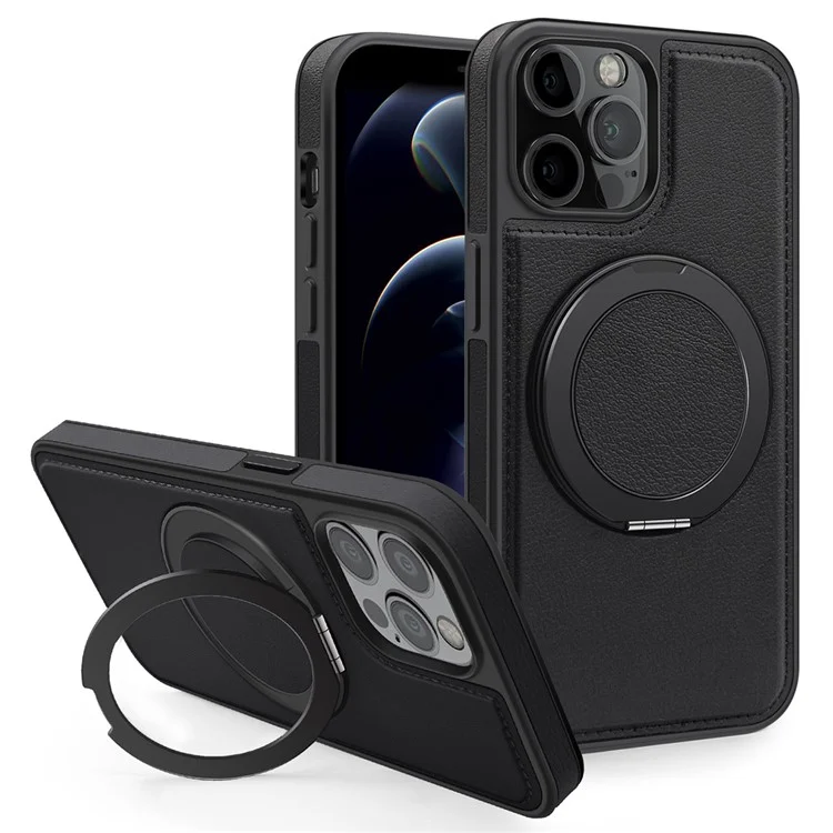 Für iPhone 12 / 12 Pro Magnetische Fallschutz-Ledertasche+PC+TPU Ständer Handyhülle - Schwarz