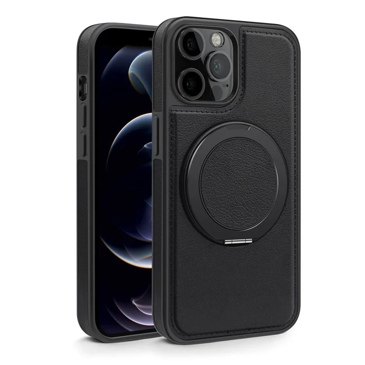 Für iPhone 12 / 12 Pro Magnetische Fallschutz-Ledertasche+PC+TPU Ständer Handyhülle - Schwarz