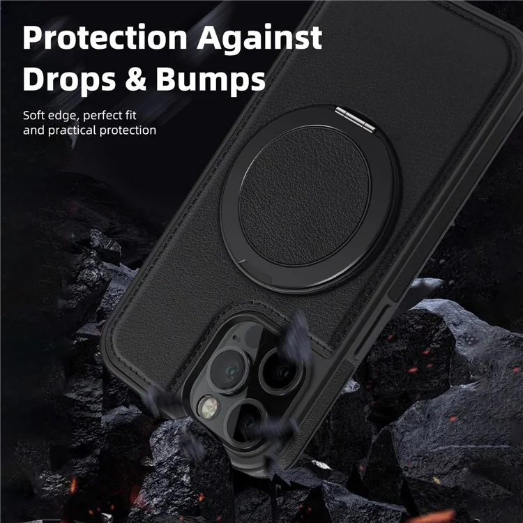 Für iPhone 12 / 12 Pro Magnetische Fallschutz-Ledertasche+PC+TPU Ständer Handyhülle - Schwarz
