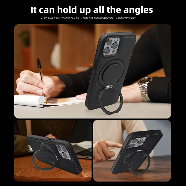 Für iPhone 12 / 12 Pro Magnetische Fallschutz-Ledertasche+PC+TPU Ständer Handyhülle - Schwarz