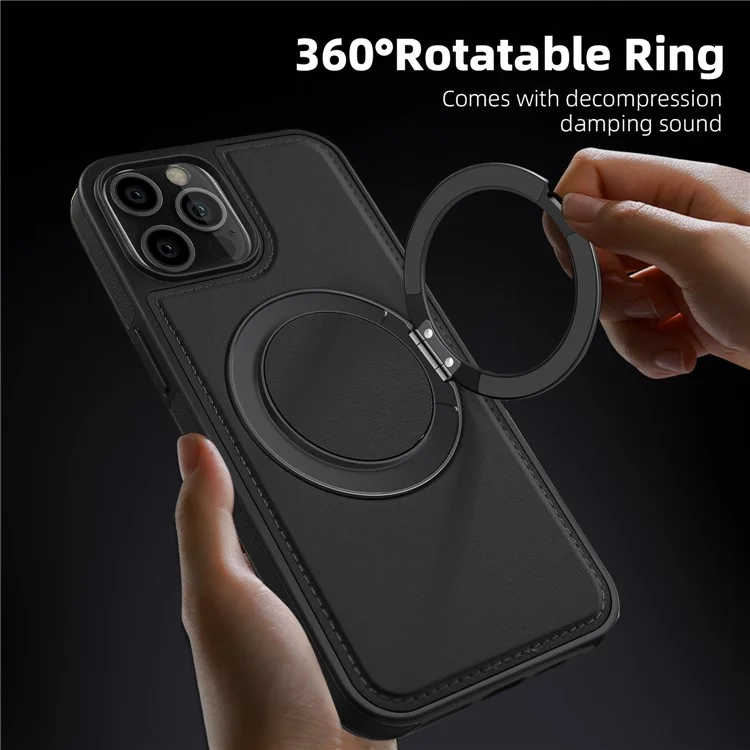 Für iPhone 12 / 12 Pro Magnetische Fallschutz-Ledertasche+PC+TPU Ständer Handyhülle - Schwarz