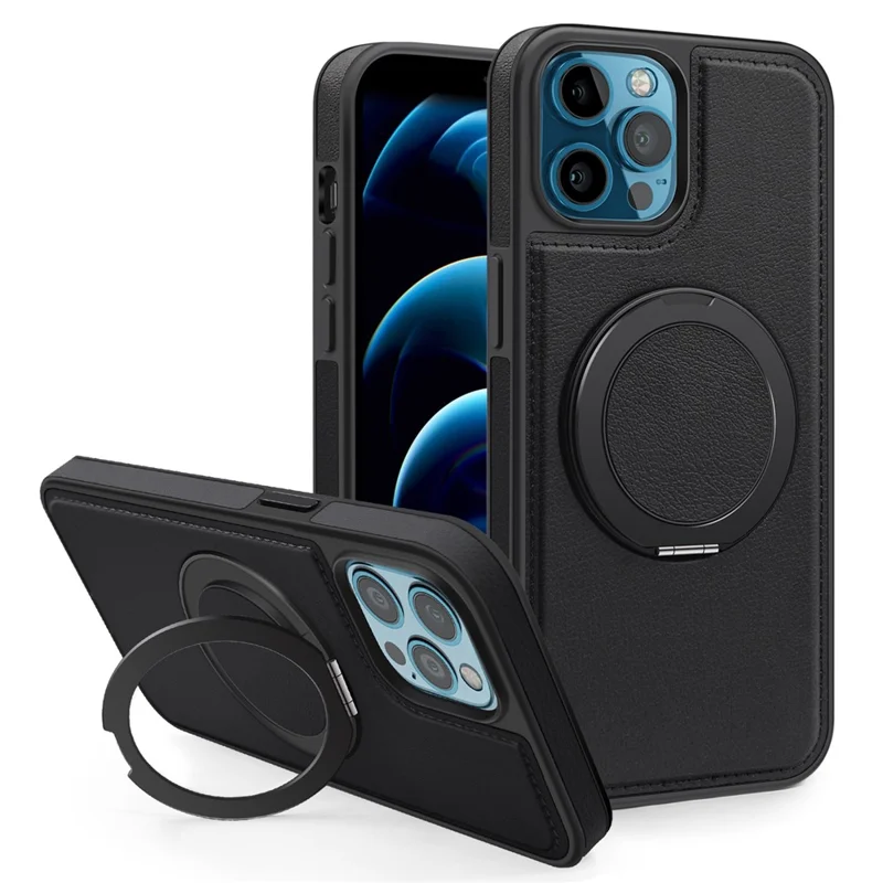 For iPhone 12 Pro Max Case with Ring Kickstand Compatible with MagSafe PU Leather Back Cover - Black