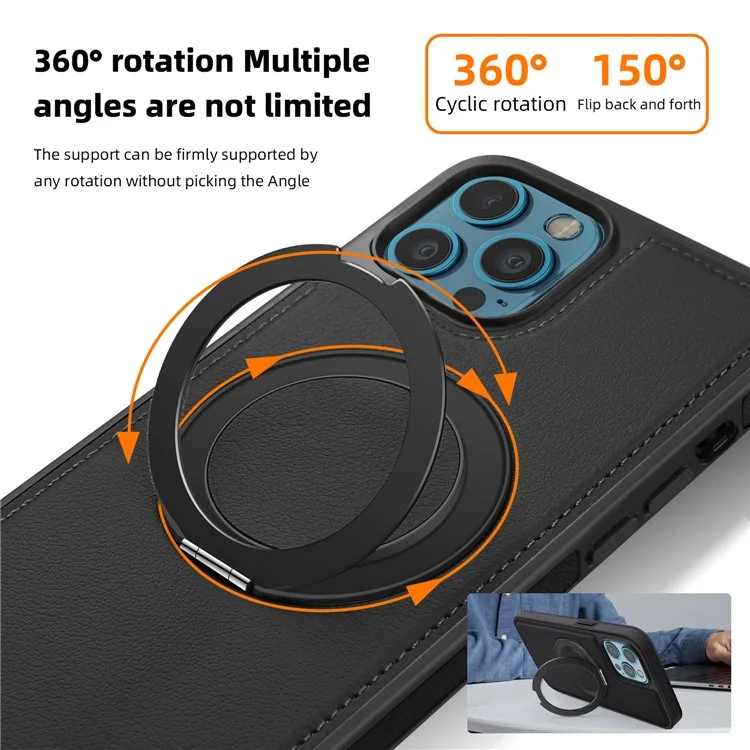 For iPhone 12 Pro Max Case with Ring Kickstand Compatible with MagSafe PU Leather Back Cover - Black