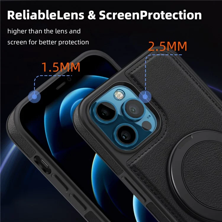 For iPhone 12 Pro Max Case with Ring Kickstand Compatible with MagSafe PU Leather Back Cover - Black