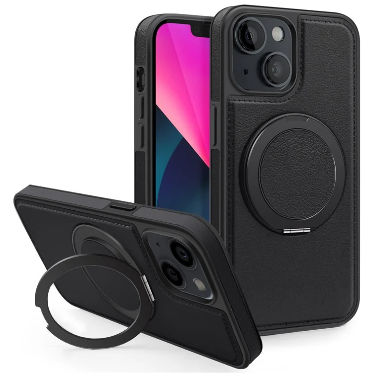 Funda magnética para iPhone 13 con anillo de soporte y protección híbrida de piel+PC+TPU - Negro