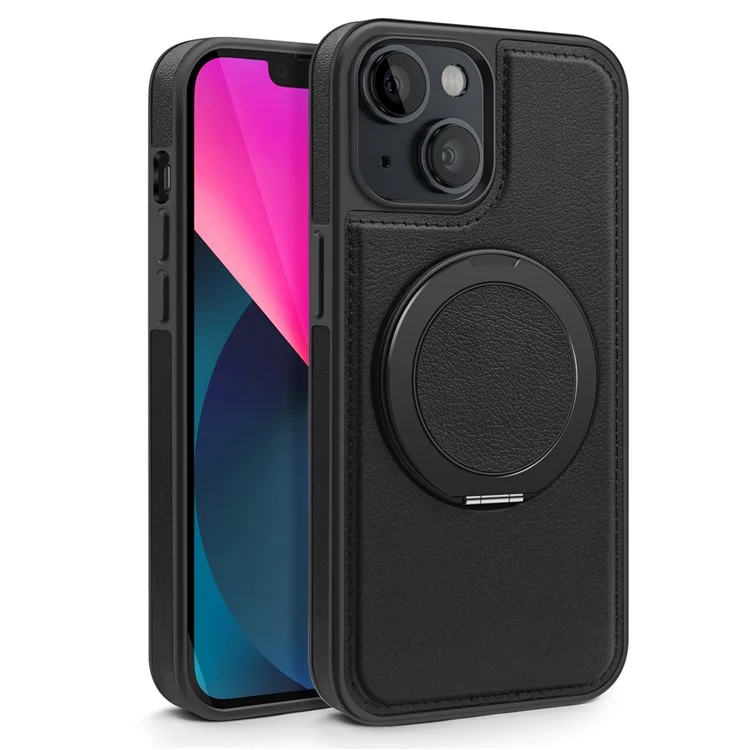 Funda magnética para iPhone 13 con anillo de soporte y protección híbrida de piel+PC+TPU - Negro