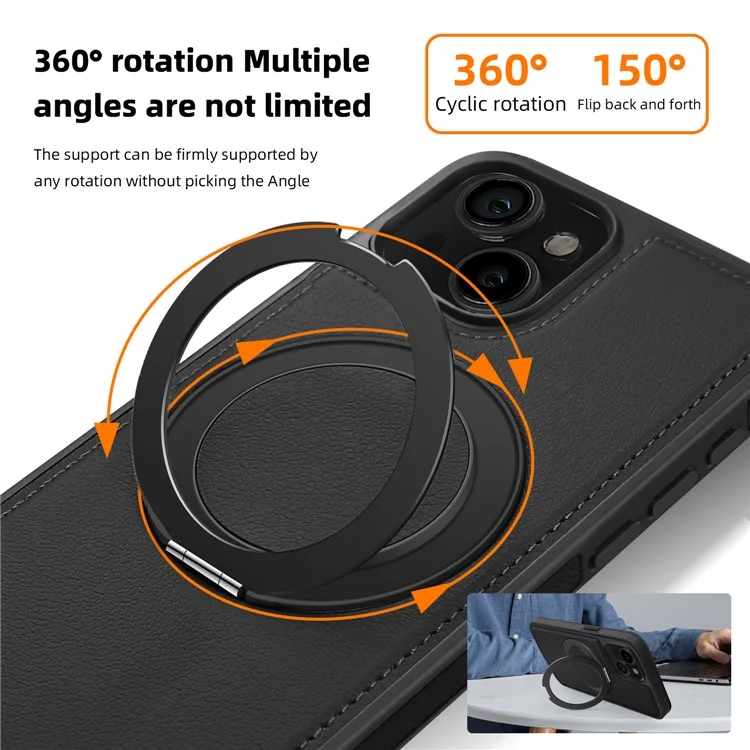 Funda magnética para iPhone 13 con anillo de soporte y protección híbrida de piel+PC+TPU - Negro
