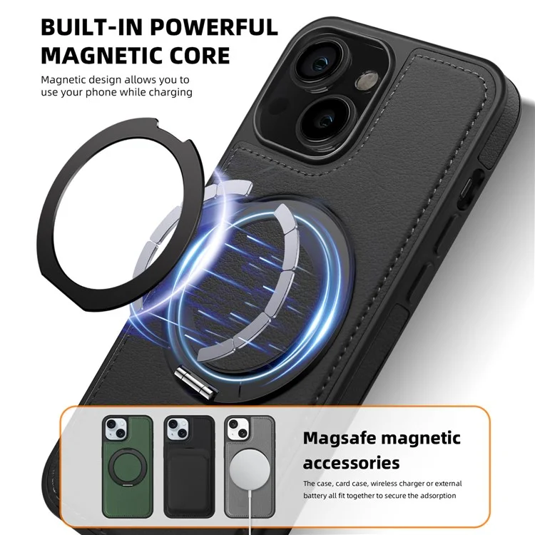 Funda magnética para iPhone 13 con anillo de soporte y protección híbrida de piel+PC+TPU - Negro