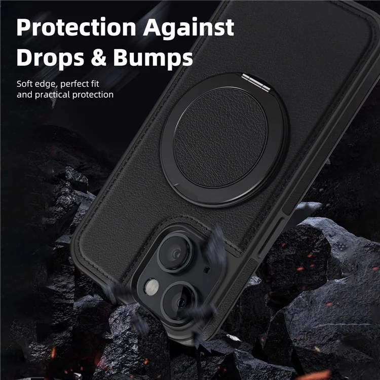 Funda magnética para iPhone 13 con anillo de soporte y protección híbrida de piel+PC+TPU - Negro